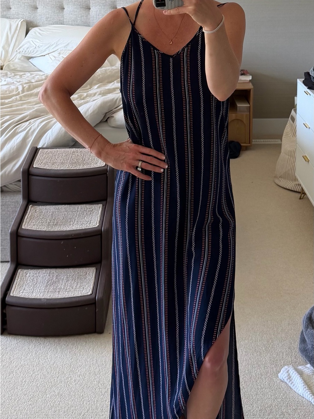 Soprano Navy Striped Maxi Slip Dress with Side Slit